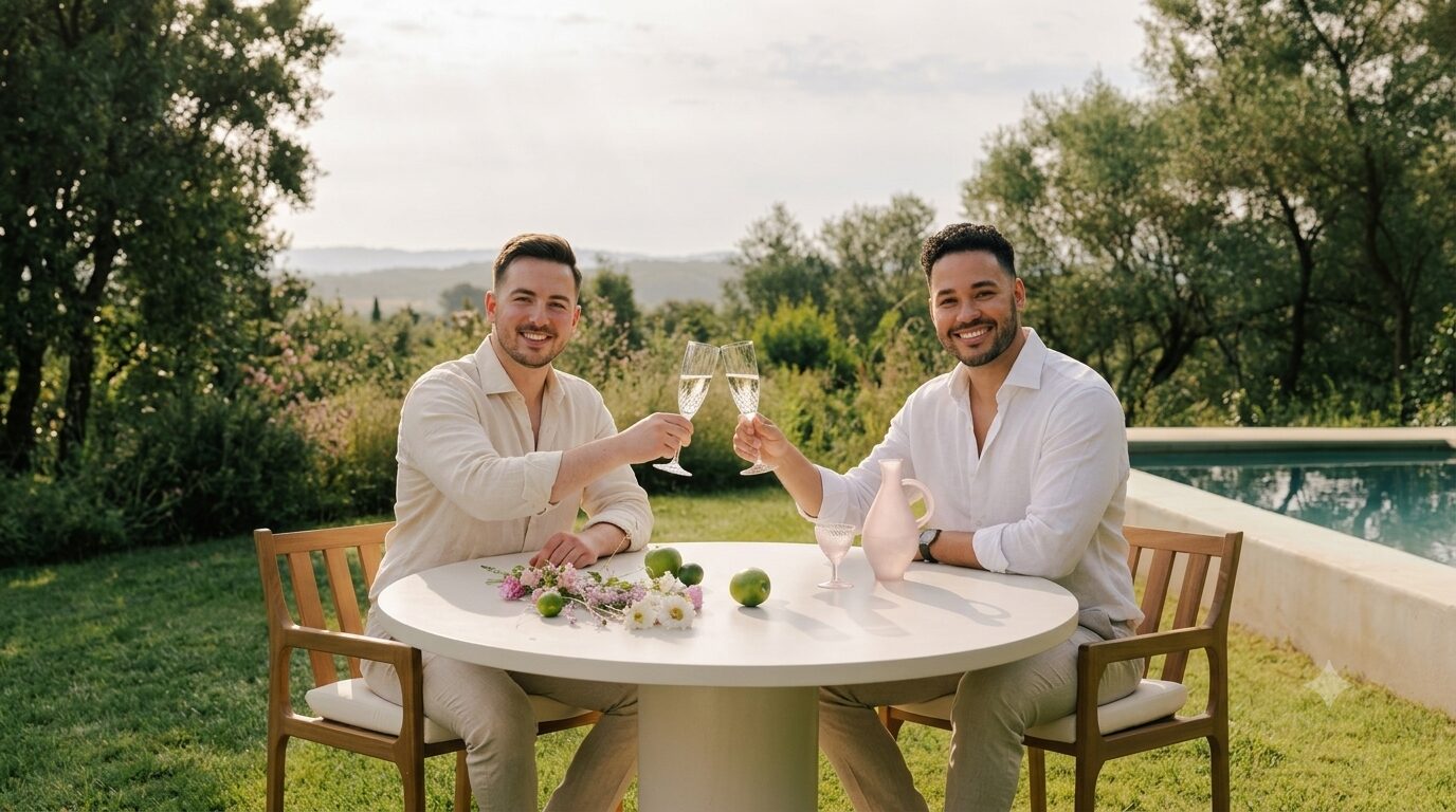 Klaudio and Derick smiling and raising a toast together outdoors at golden hour