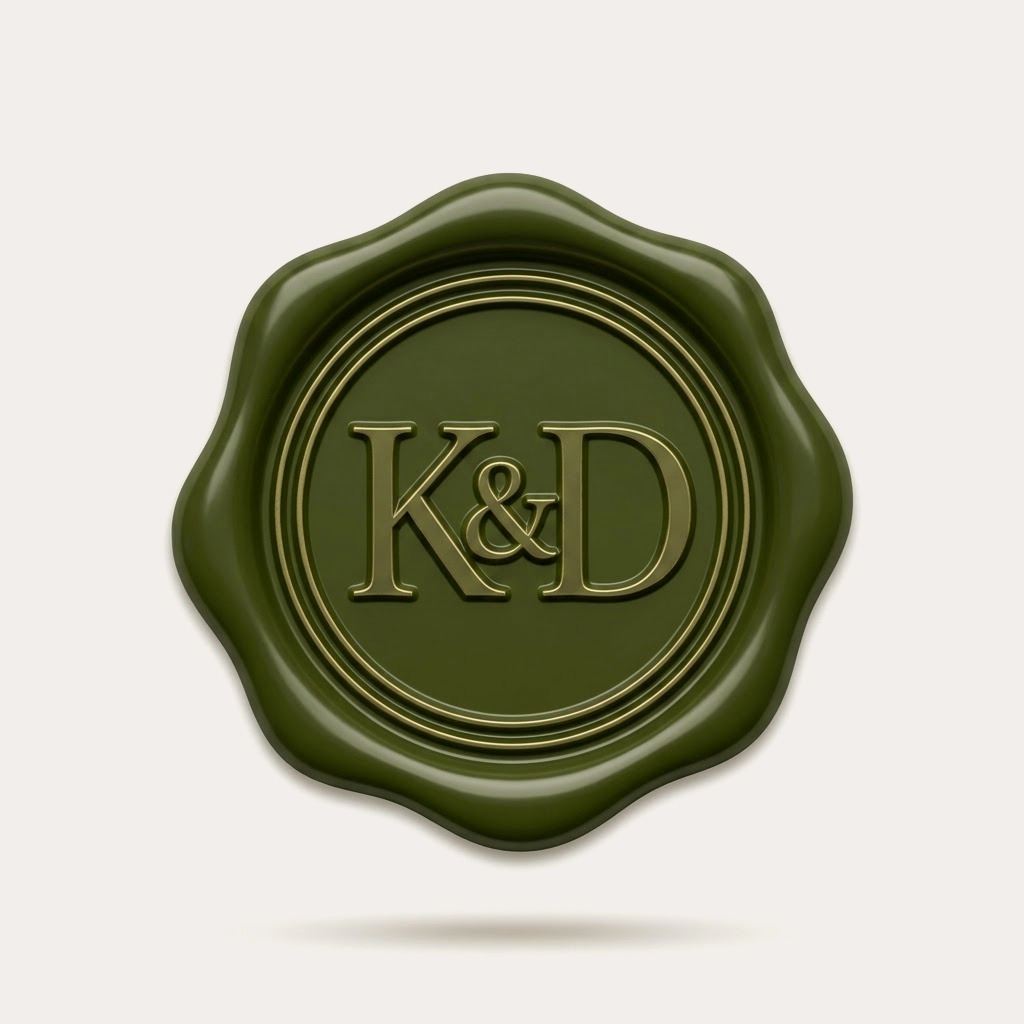 Olive-green wax seal embossed with the initials K and D