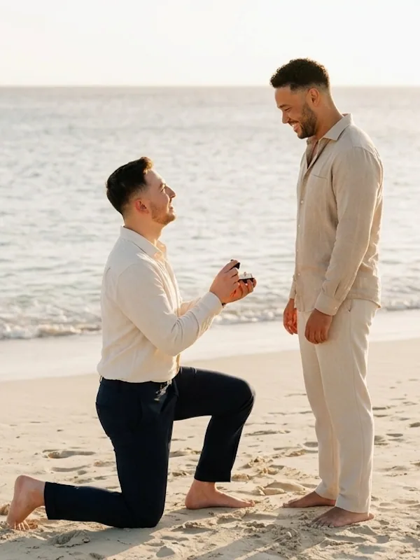 Klaudio proposing to Derick on the beach in Aruba